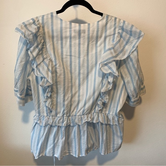 J Crew Womens 2X XXL Blue White Wrap Top Blouse Stripe Ruffle Tie Cotton - Picture 6 of 10